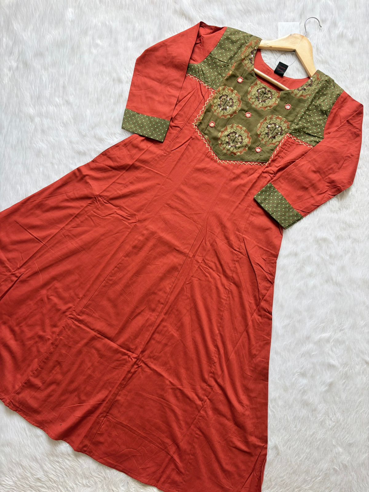 Rust Orange Cotton Umbrella Kurti Pant & Printed Dupatta Set for Women