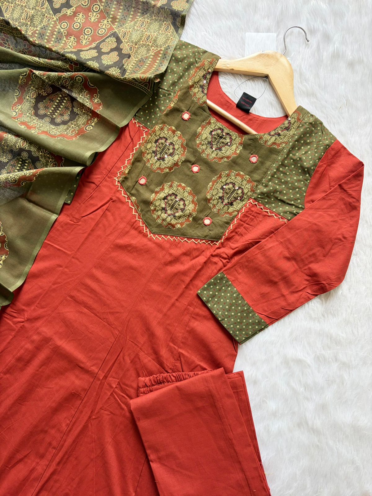 Rust Orange Cotton Umbrella Kurti Pant & Printed Dupatta Set for Women