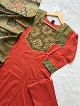 Rust Orange Cotton Umbrella Kurti Pant & Printed Dupatta Set for Women