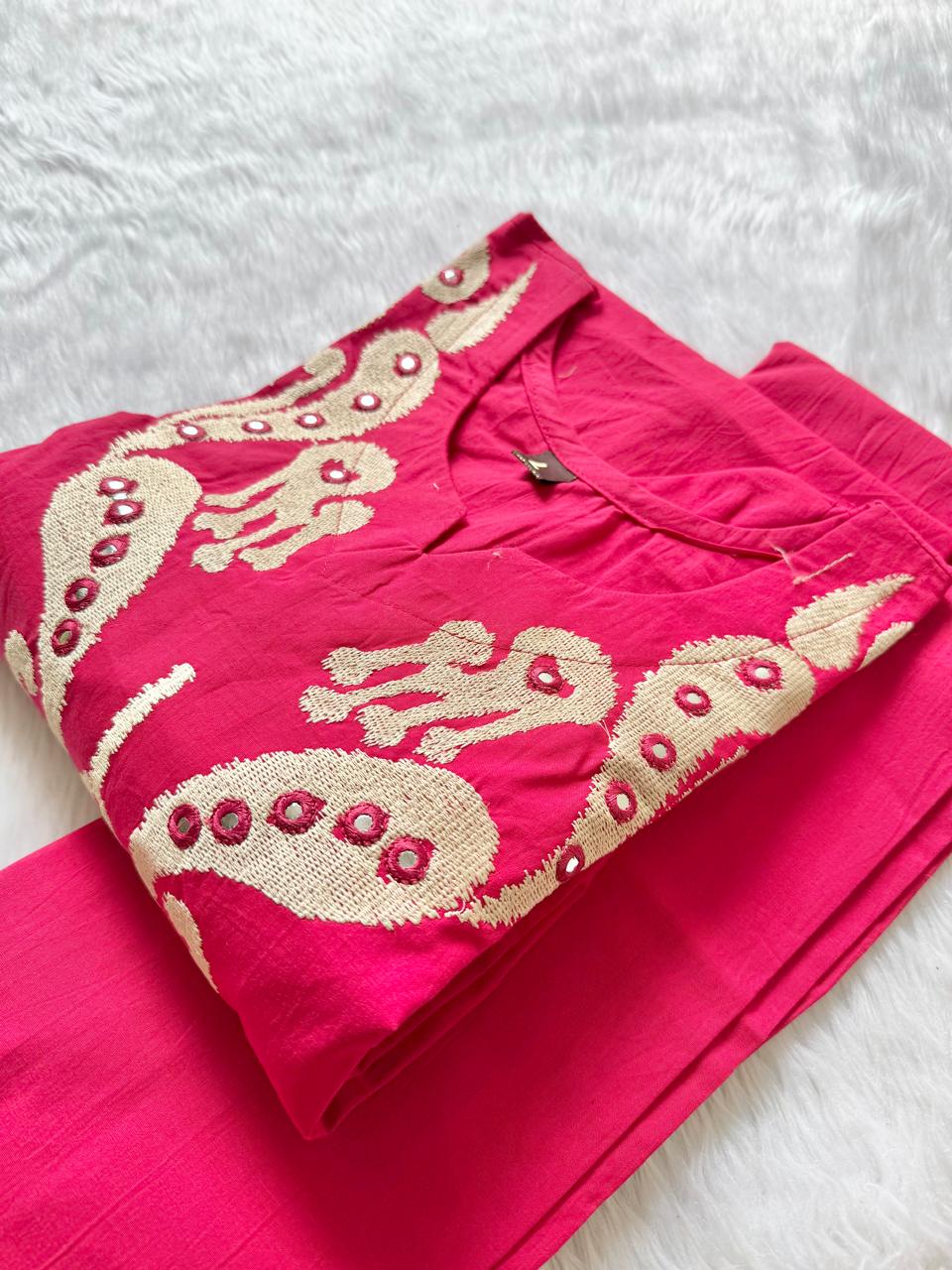 Fuchsia Pink Embroidered Cotton Blend Straight Kurta with Pant Set