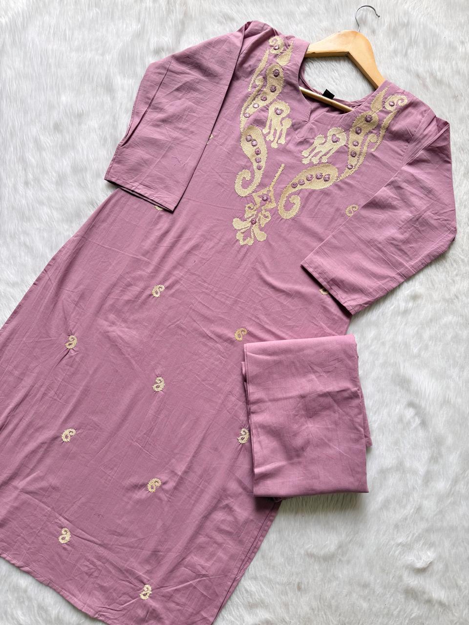 Mauve Embroidered Cotton Blend Straight Kurta with Pant Set