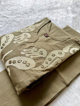 Taupe Brown Embroidered Cotton Blend Straight Kurta with Pant Set