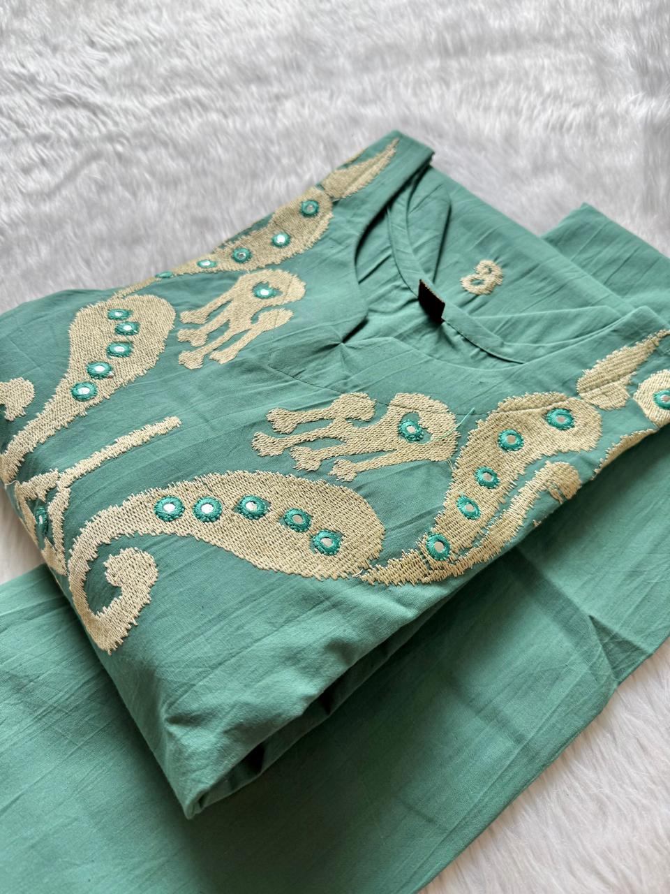 Sea Green Embroidered Cotton Blend Straight Kurta with Pant Set