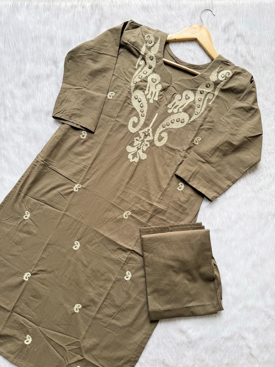 Taupe Brown Embroidered Cotton Blend Straight Kurta with Pant Set