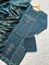 Bandhej Block Print Cotton Kurti Palazzo & Dupatta Set -Teal Blue