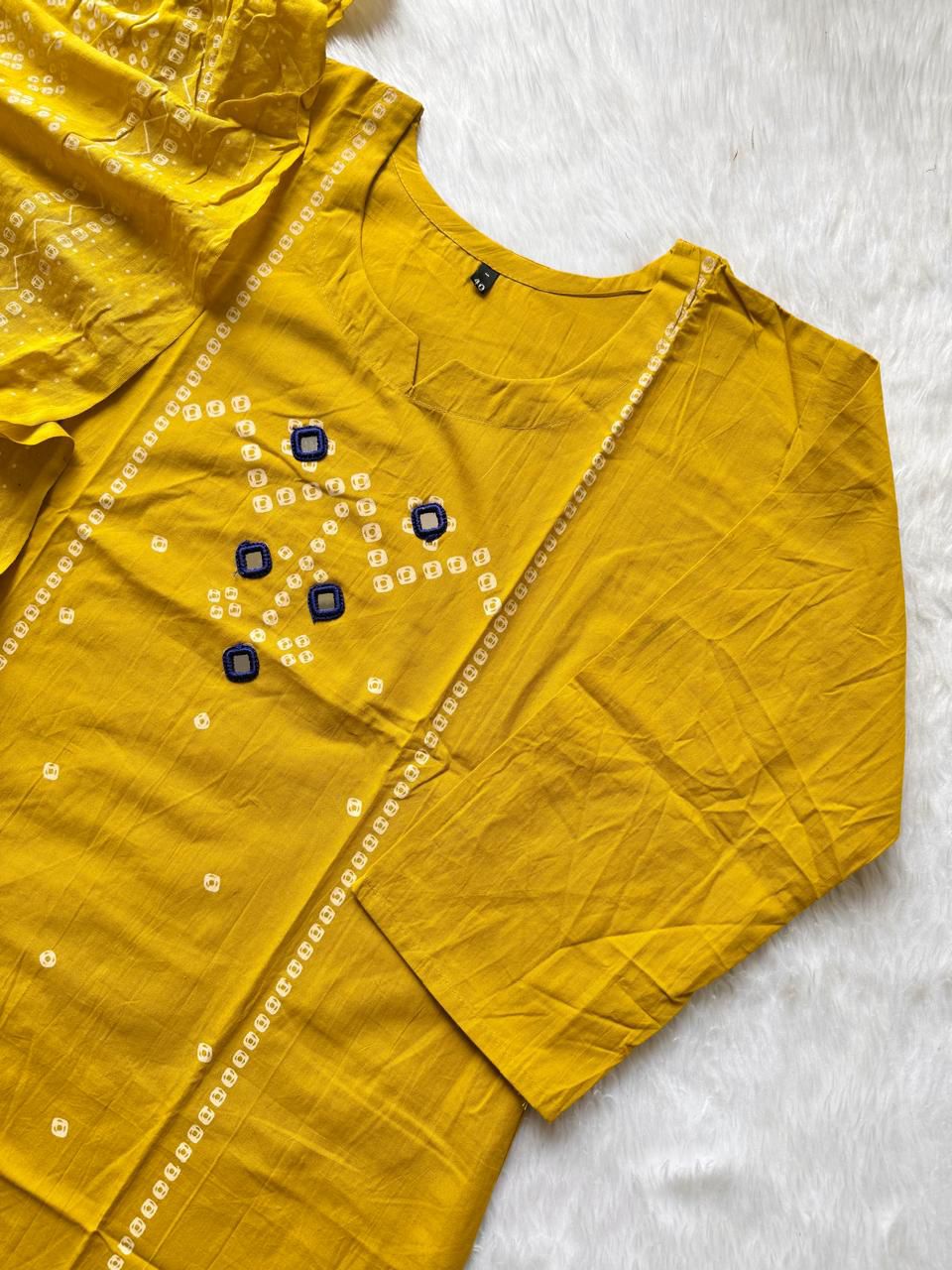 Bandhej Block Print Cotton Kurti Palazzo & Dupatta Set - Yellow