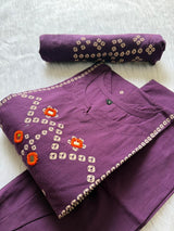 Bandhej Block Print Cotton Kurti Palazzo & Dupatta Set - Purple
