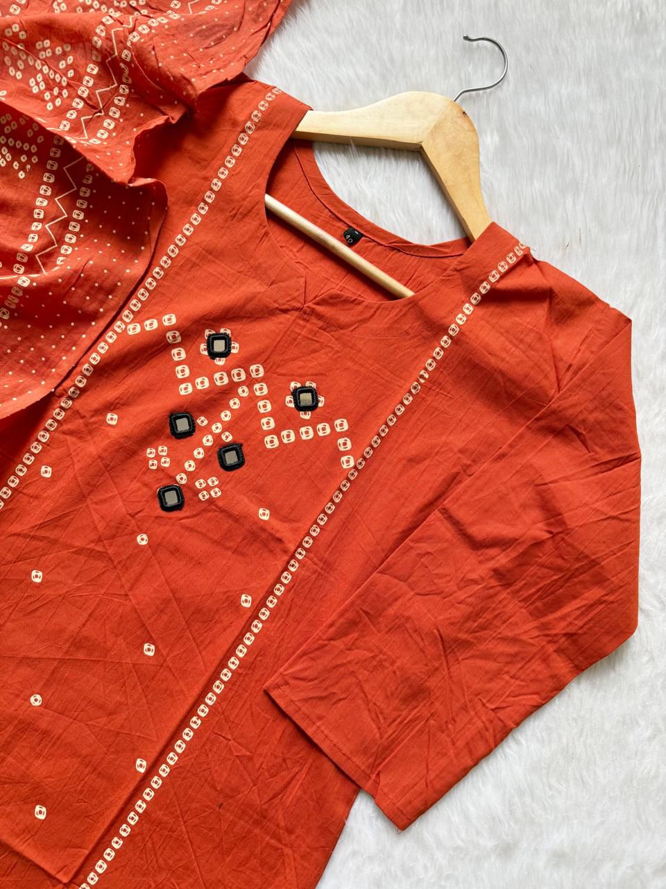 Bandhej Block Print Cotton Kurti Palazzo & Dupatta Set - Rust Orange