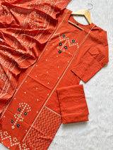 Bandhej Block Print Cotton Kurti Palazzo & Dupatta Set - Rust Orange