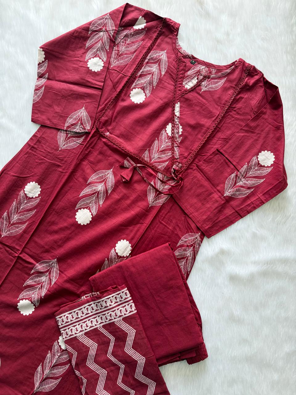 Maroon Cotton Printed Kurti Pant & Dupatta Set