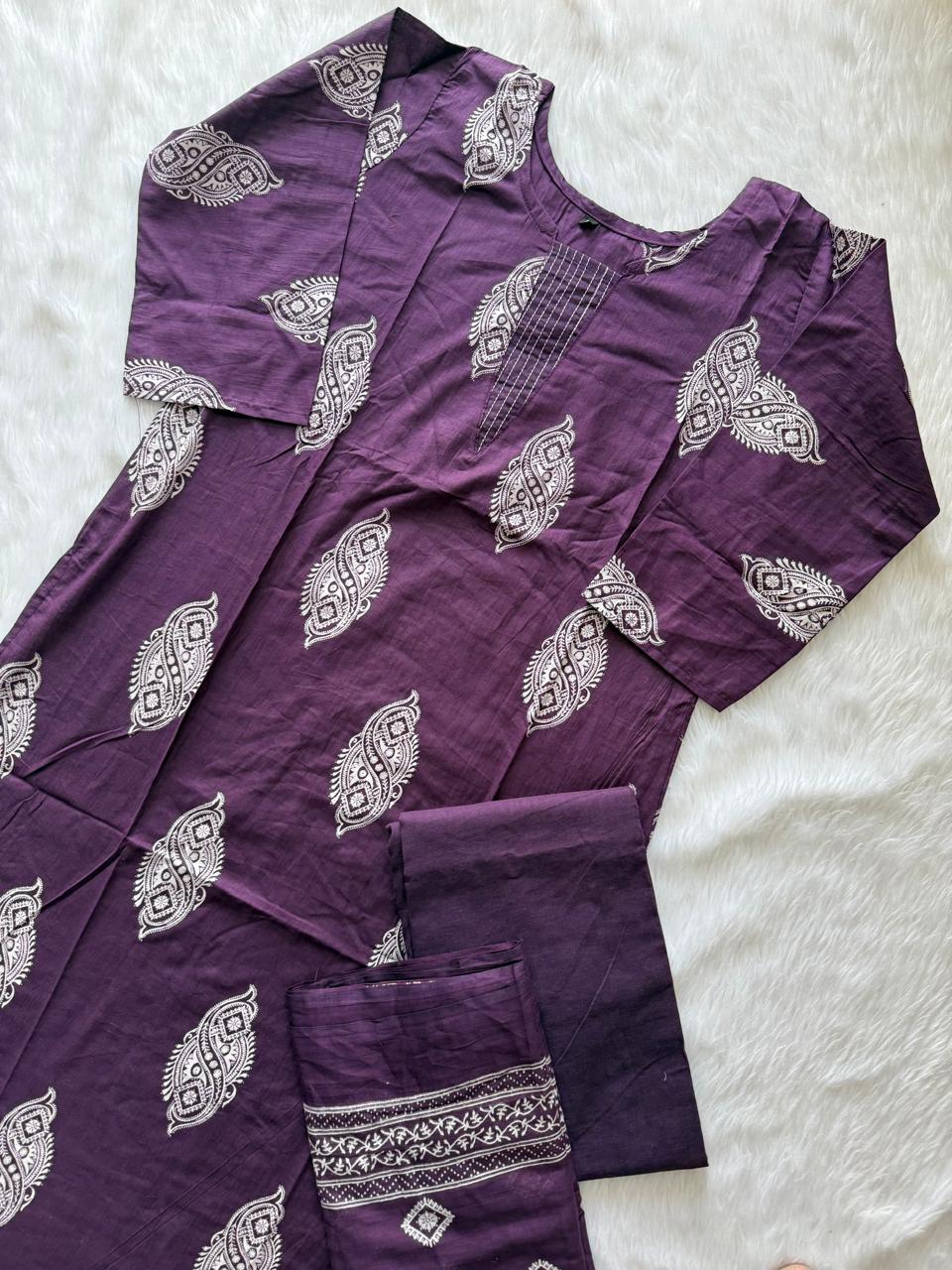 Deep Purple Cotton Printed Kurti Pant & Dupatta Set