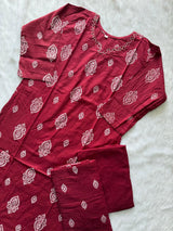 Red Cotton Kurti Pant & Dupatta Set