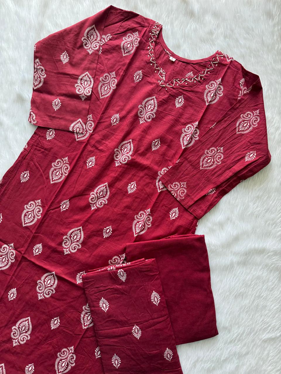 Red Cotton Kurti Pant & Dupatta Set