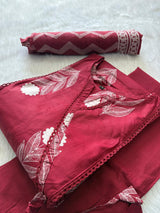 Maroon Cotton Printed Kurti Pant & Dupatta Set
