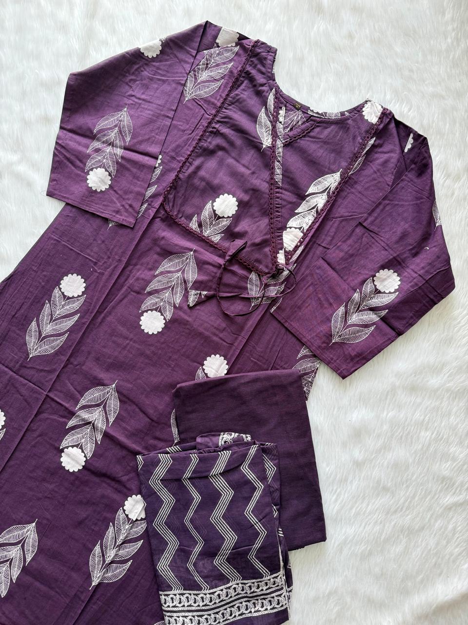 Purple Cotton Printed Kurti Pant & Dupatta Set