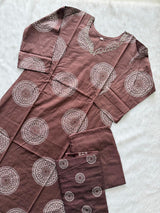 Coffee Brown Cotton Printed Kurti Pant & Dupatta Set
