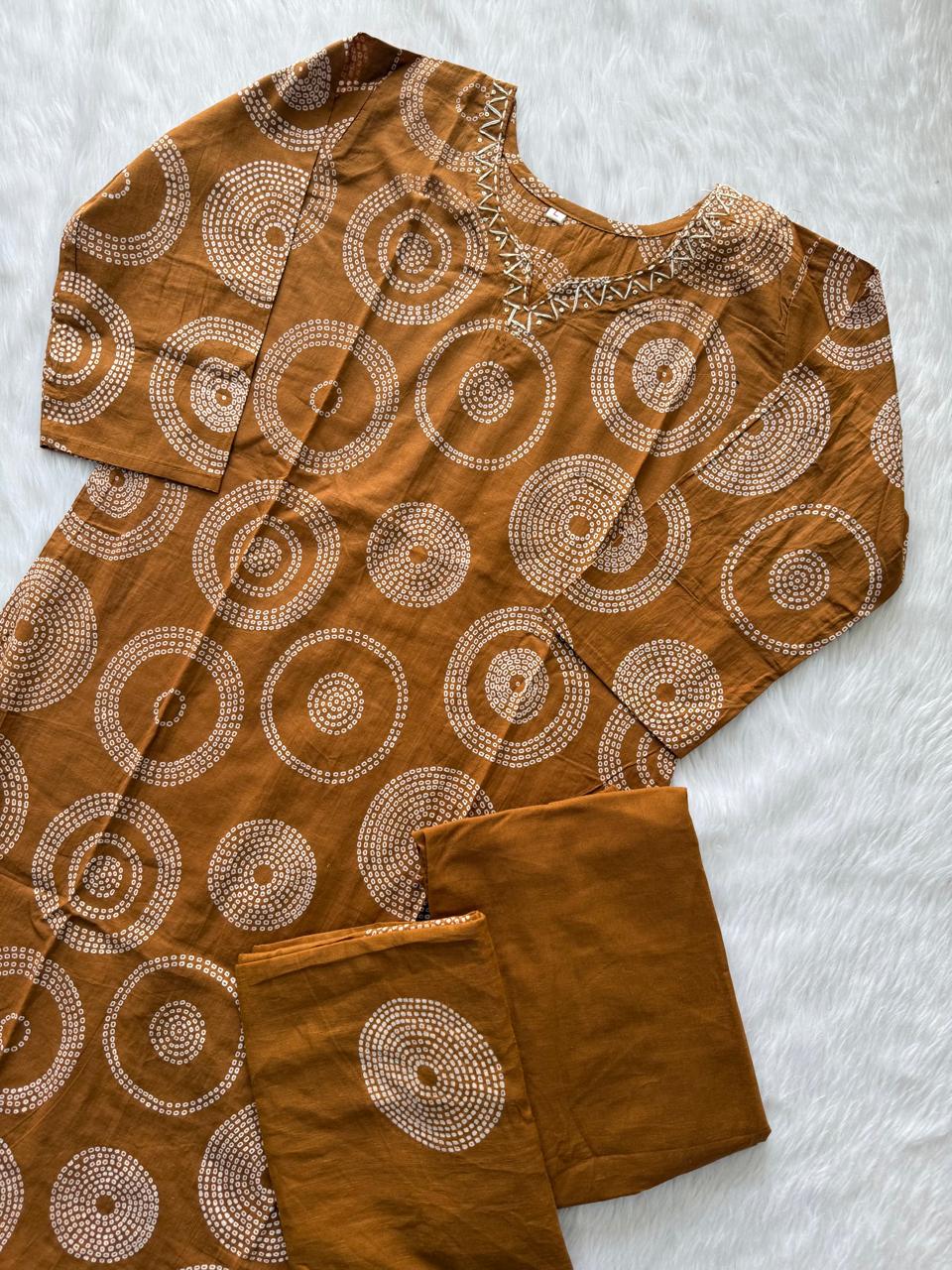 Mustard Brown Cotton Printed Kurti Pant & Dupatta Set