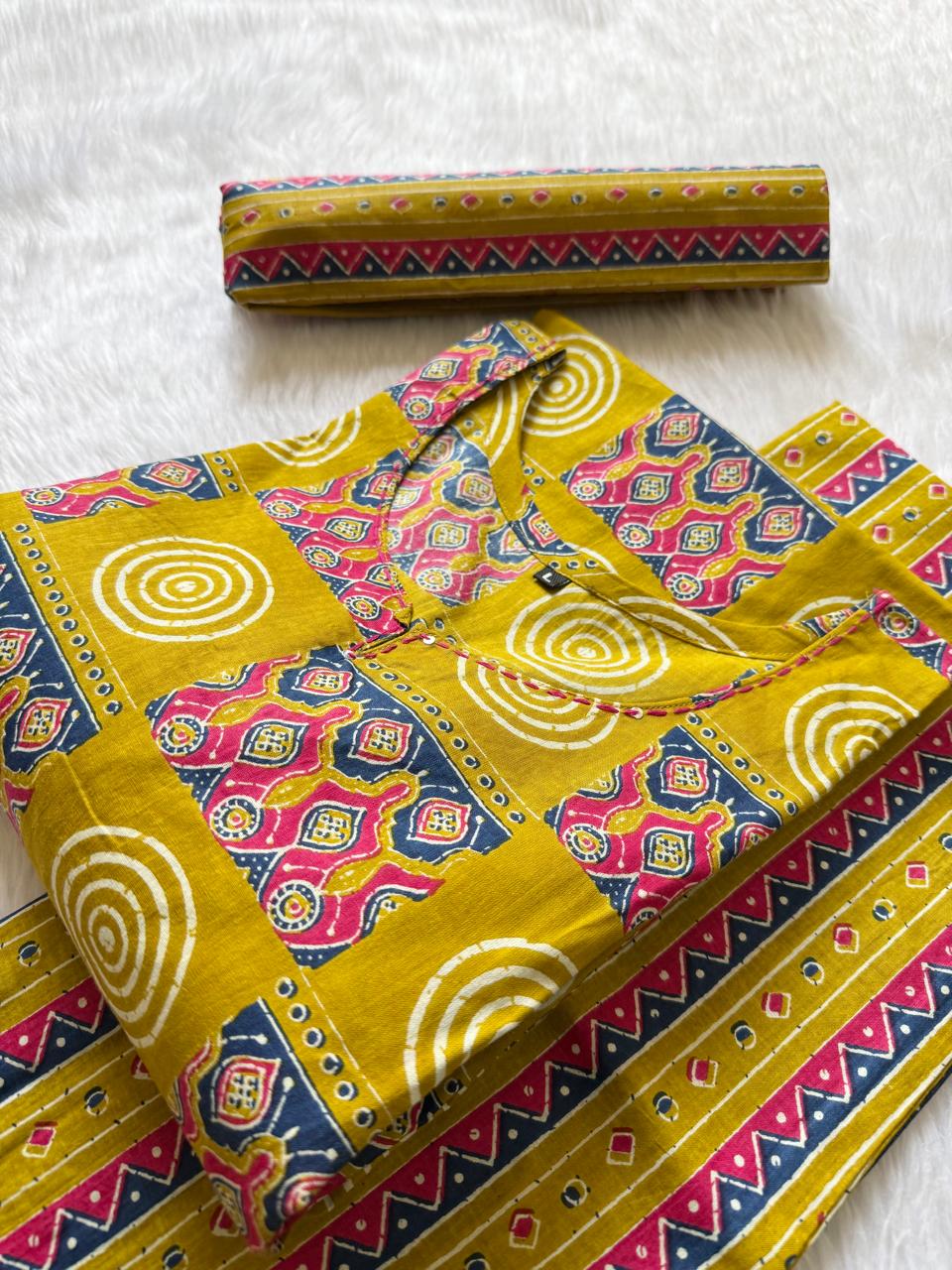 Mustard Printed Cotton Kurti Pant & Dupatta Set