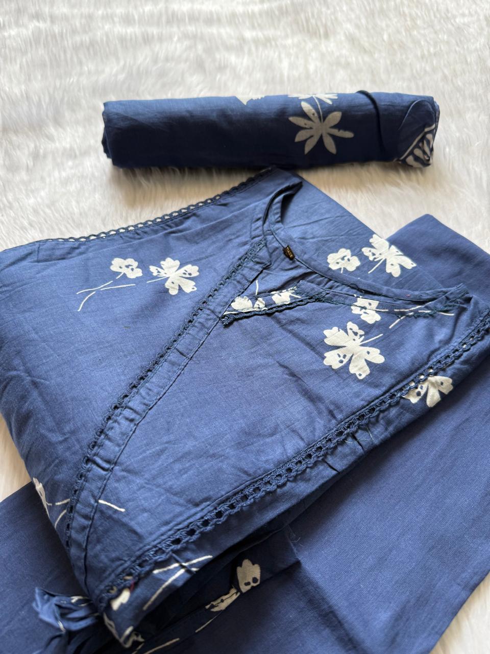 Navy Blue Cotton Printed Kurti Pant & Dupatta Set