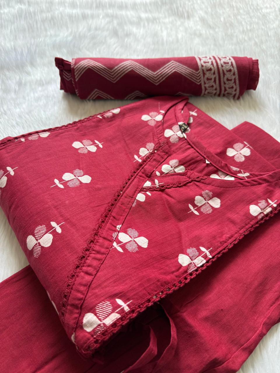 Red Cotton Printed Kurti Pant & Dupatta Set