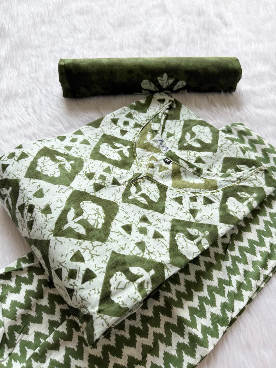 Olive Green Geometric Printed Cotton Kurti Pant & Dupatta Set