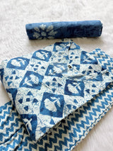 Blue Geometric Printed Cotton Kurti Pant & Dupatta Set