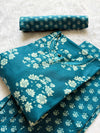 Teal Blue Floral Printed Cotton Kurti Pant & Dupatta Set