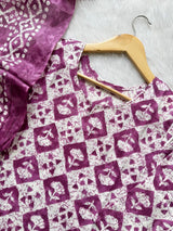 Purple Geometric Printed Cotton Kurti Pant & Dupatta Set