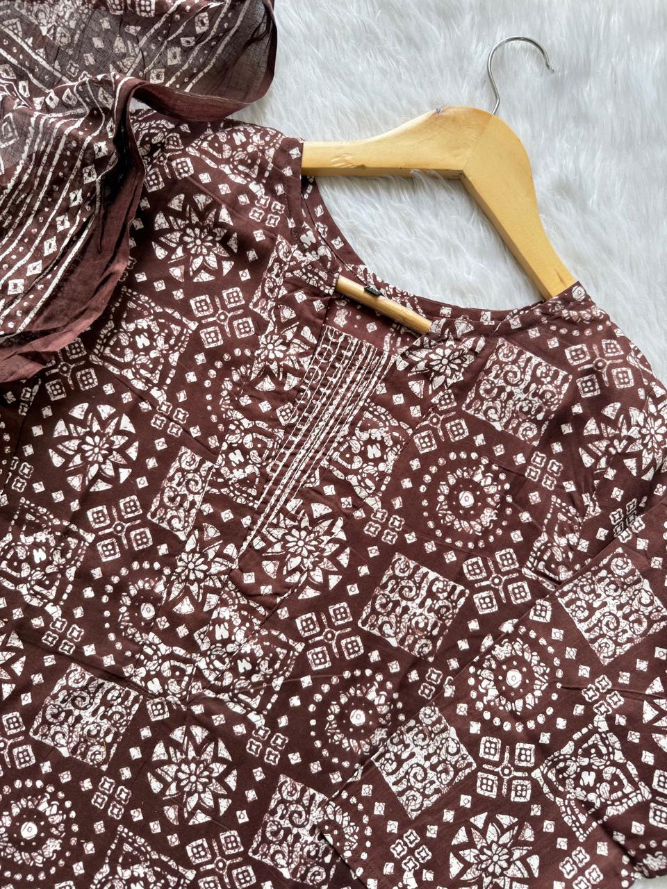 Brown Printed Cotton Kurti Pant & Dupatta Set for Women