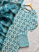Sky Blue Geometric Printed Cotton Kurti Pant & Dupatta Set