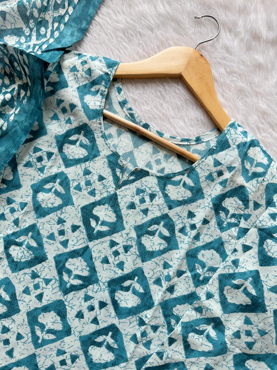 Sky Blue Geometric Printed Cotton Kurti Pant & Dupatta Set