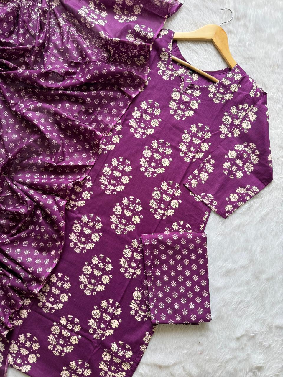 Purple Floral Printed Cotton Kurti Pant & Dupatta Set