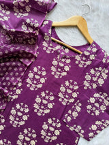 Purple Floral Printed Cotton Kurti Pant & Dupatta Set