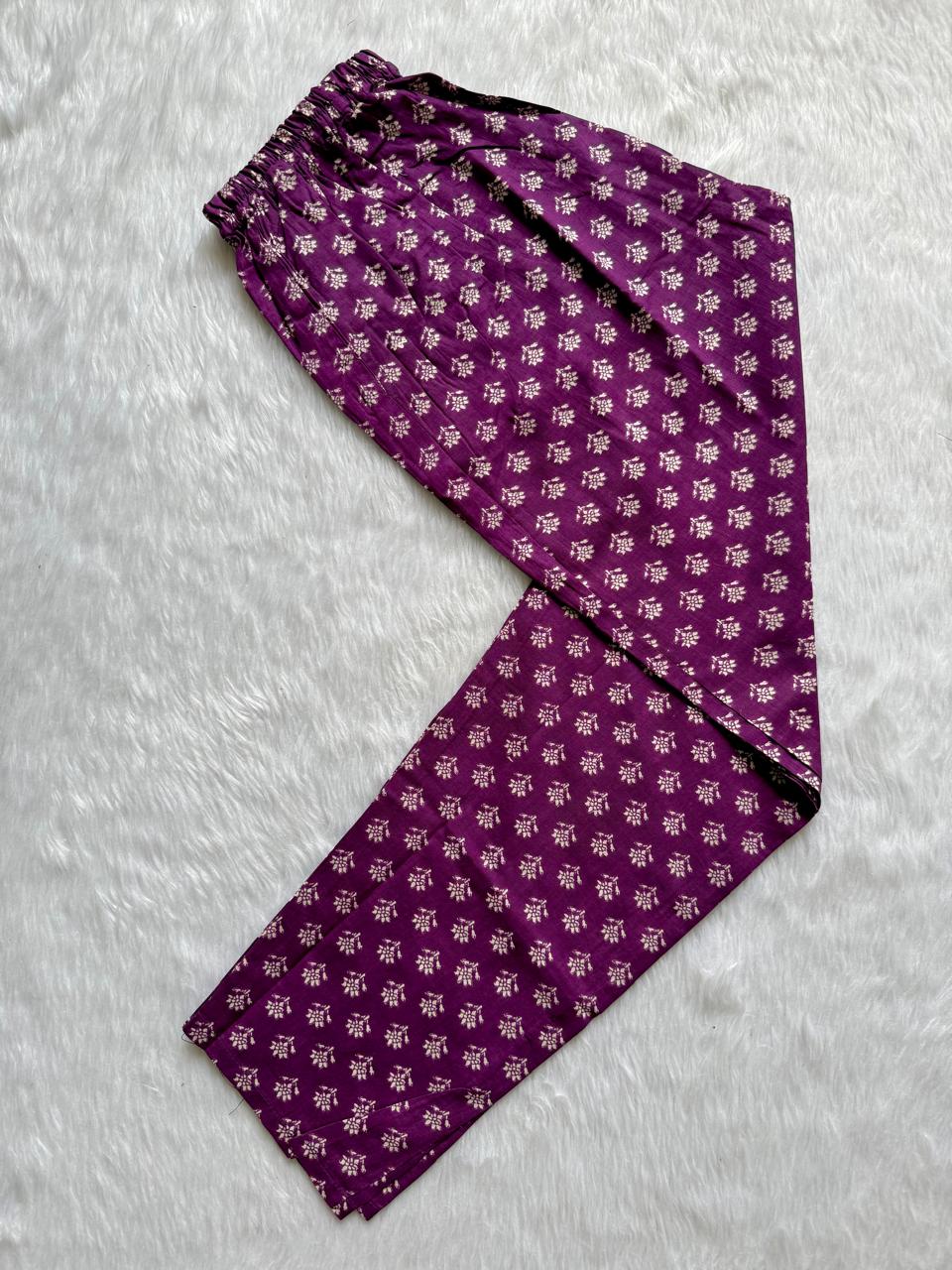 Purple Floral Printed Cotton Kurti Pant & Dupatta Set