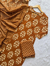 Brown Floral Printed Cotton Kurti Pant & Dupatta Set