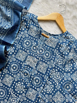 Blue Printed Cotton Round Neck Kurti Pant & Dupatta Set for Women