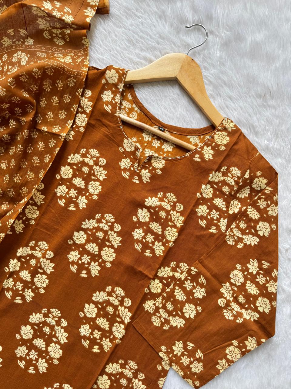 Brown Floral Printed Cotton Kurti Pant & Dupatta Set