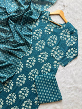 Teal Blue Floral Printed Cotton Kurti Pant & Dupatta Set