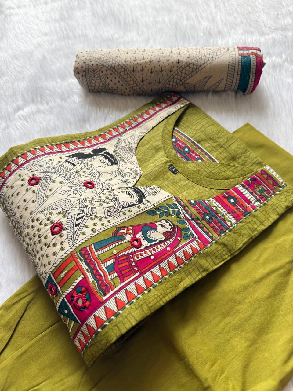 Olive Green Cotton KurtiPalazzo & Printed Dupatta Set for Women