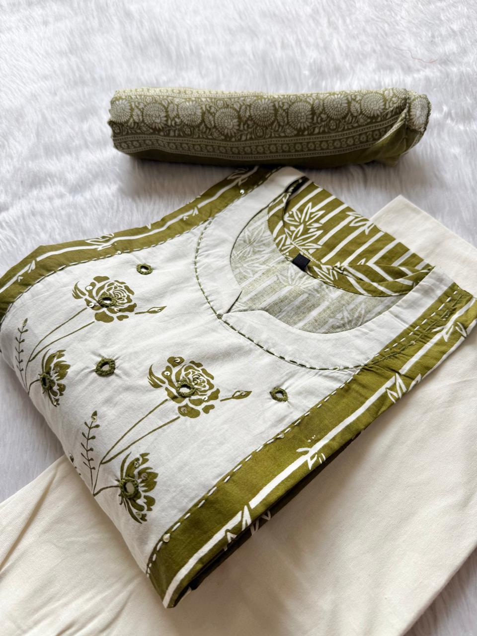 Olive Green Printed Cotton Kurti Palazzo & Dupatta Set