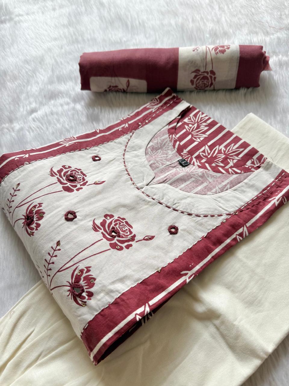 Pink Floral Printed Cotton Kurti Palazzo & Dupatta Set
