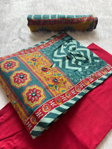 Teal Chevron Print Cotton Kurti Palazzo & Dupatta Set