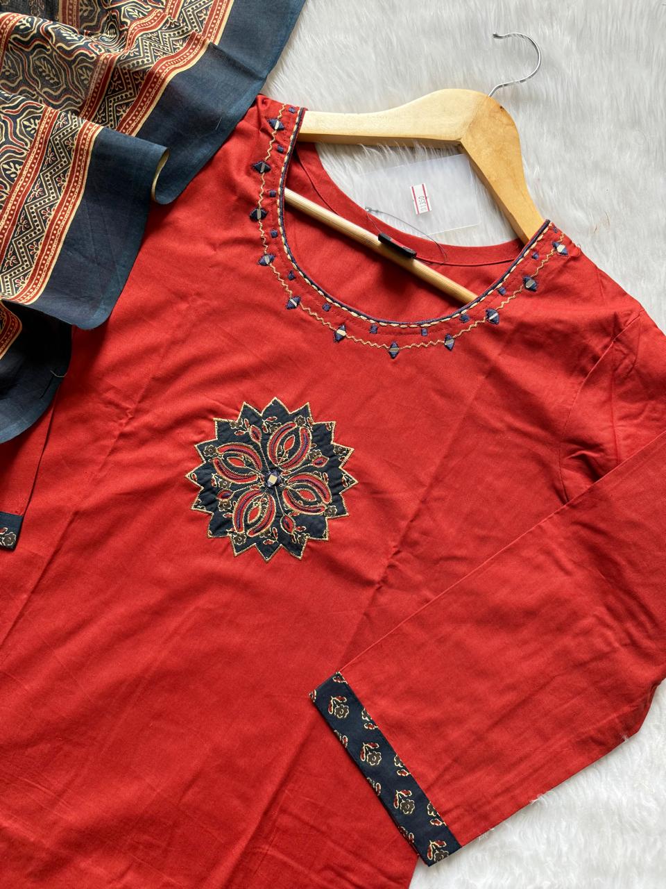 Rust Orange Cotton Embroidered Kurti Palazzo & Printed Dupatta Set