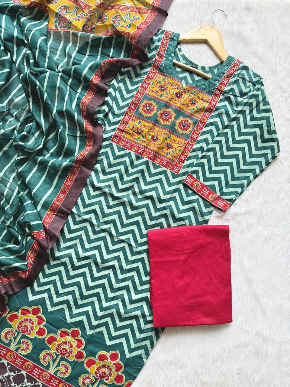 Teal Chevron Print Cotton Kurti Palazzo & Dupatta Set