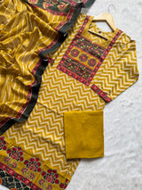 Mustard Yellow Chevron Print Cotton Kurti Palazzo & Dupatta Set