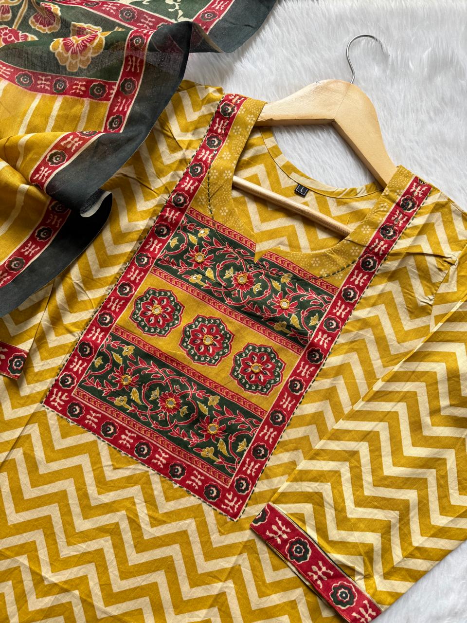 Mustard Yellow Chevron Print Cotton Kurti Palazzo & Dupatta Set