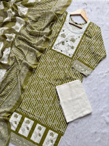Olive Green Printed Cotton Kurti Palazzo & Dupatta Set