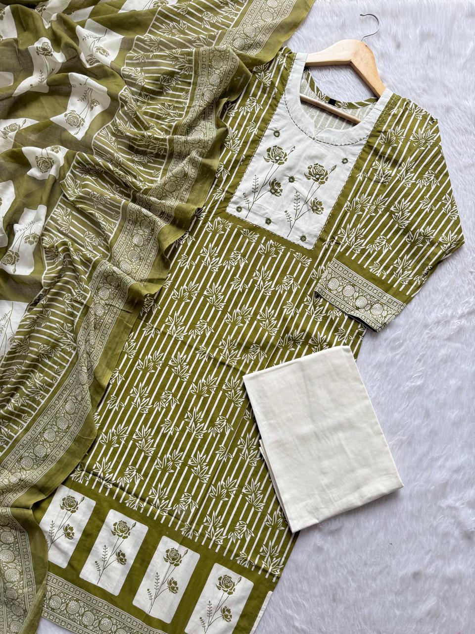 Olive Green Printed Cotton Kurti Palazzo & Dupatta Set