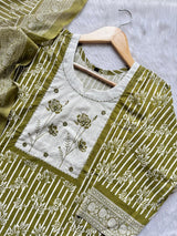 Olive Green Printed Cotton Kurti Palazzo & Dupatta Set