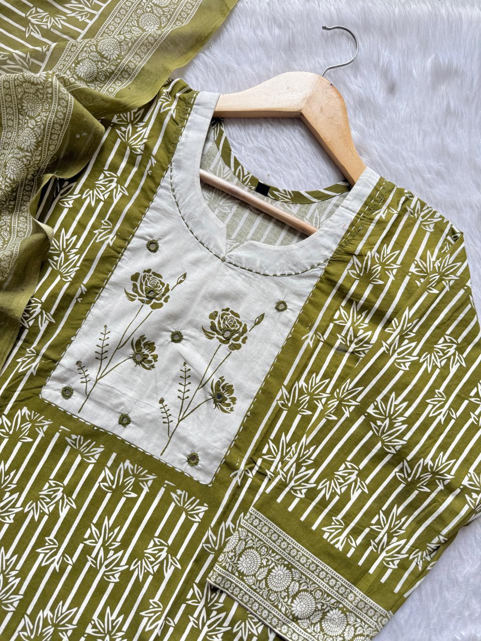 Olive Green Printed Cotton Kurti Palazzo & Dupatta Set